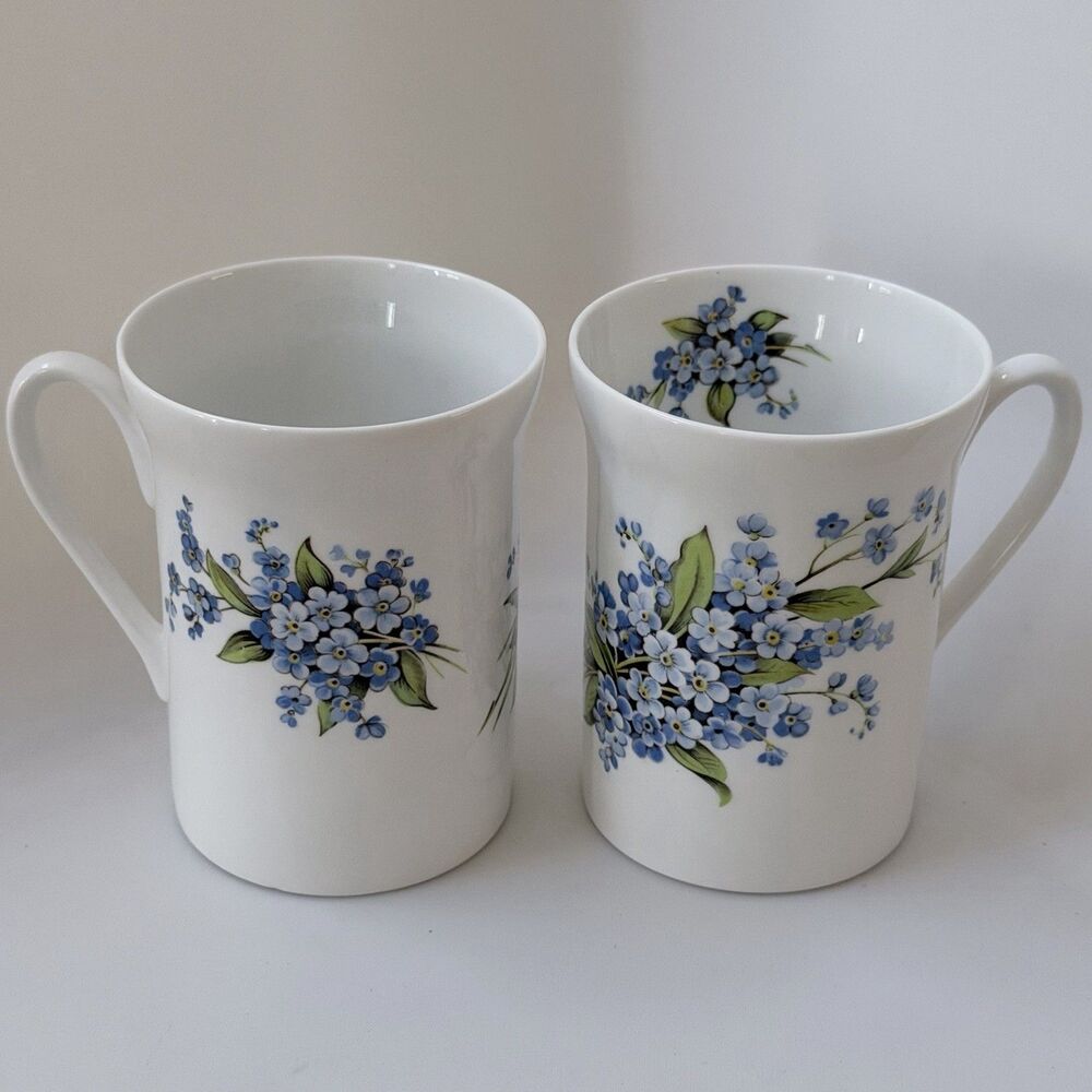 Vintage Windsor Bone China Mugs Set of 2 Forget-Me-Not Blue Floral England
